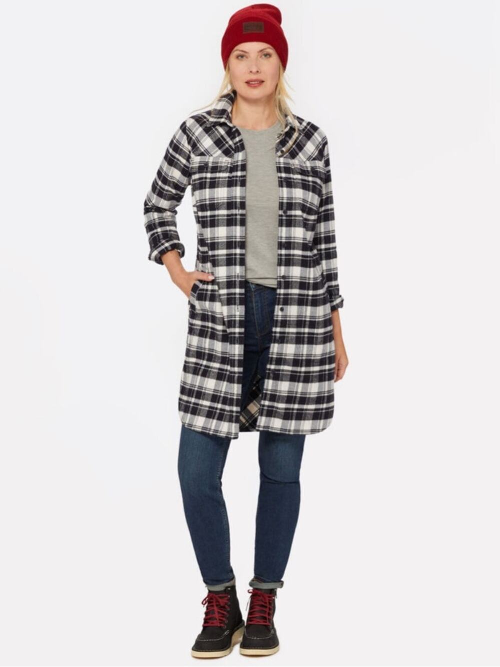 NEW Duluth Trading Co Women's Folklore Flannel Duster Black Putty Check - Size M
